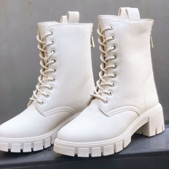 NEW Laced Up Lug Sole Zipper Back Faux Leather Combat Boots Booties Stone Ivory - Picture 8 of 10